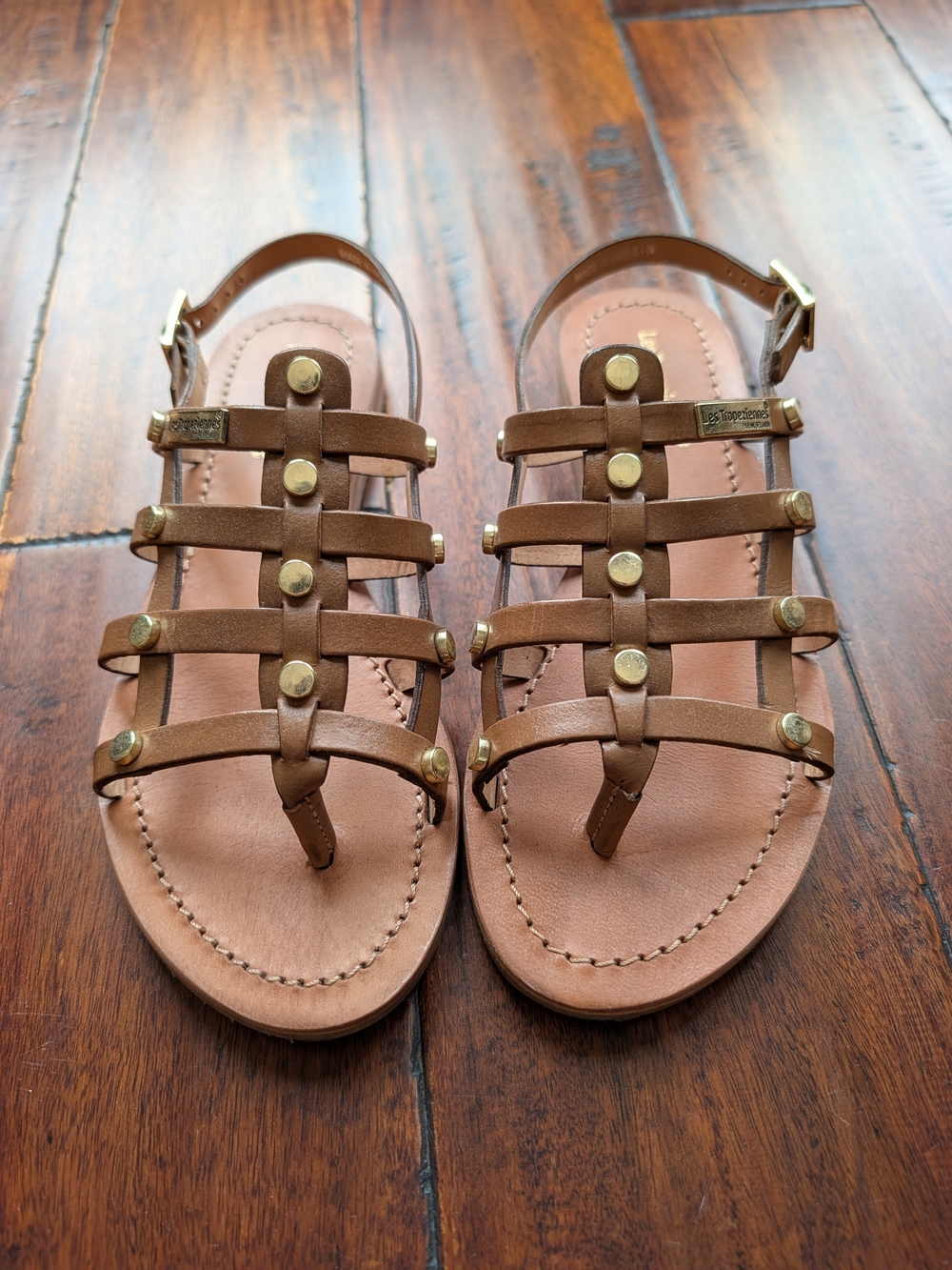Les Tropeziennes Women's Brown Leather Gladiator Sandals with Gold Studs